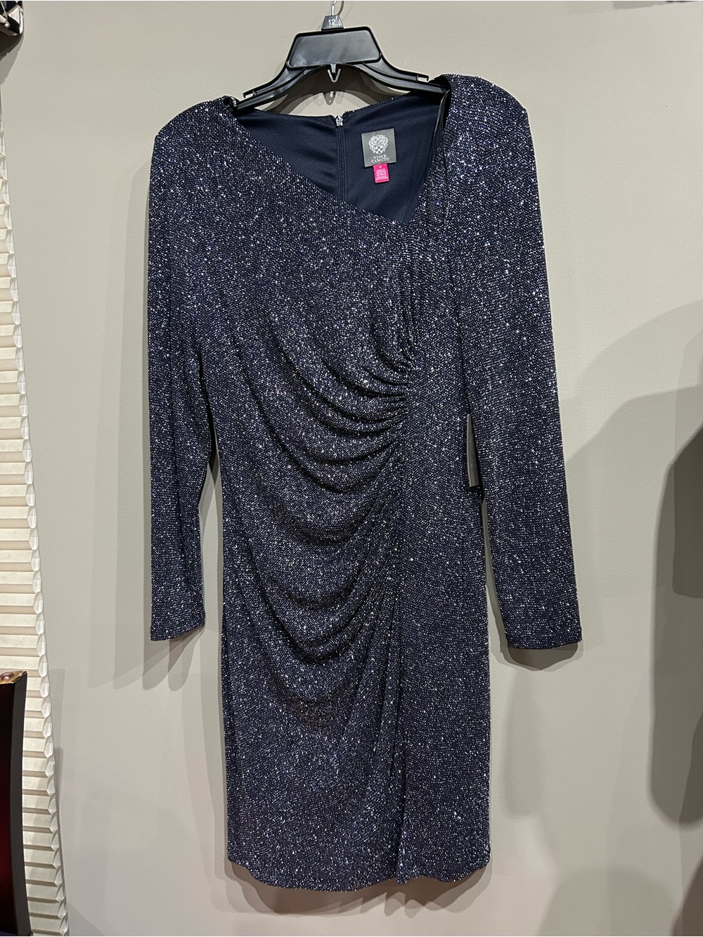 Vince Camuto Sparkle Navy Ruched Long Sleeve Cocktail Dress